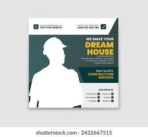 Bau Social Media Post Design Vorlage für Haus-Renovierungs-Dienstleistungen. Bauagentur Social Media Post. Home Renovierung Social Media Post Banner Vorlage.