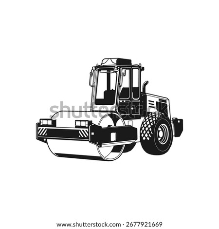 Construction soil compacter vehicle in black monochrome vector illustration