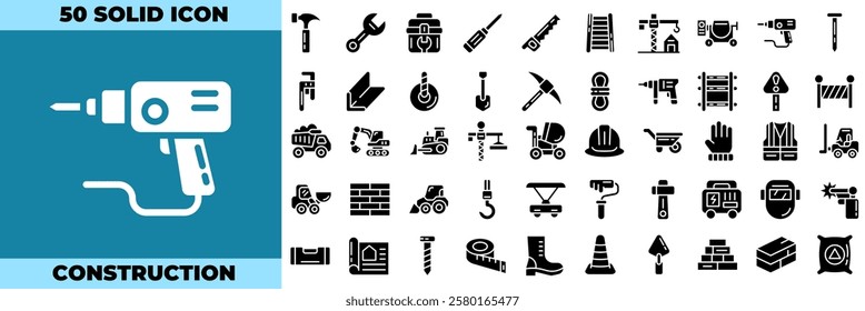 Construction Solid Editable Icons set. Vector illustration in modern thin solid style of construction icons: tool, worker, engineer, etc