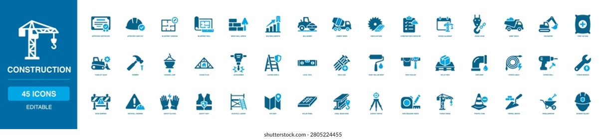 Construction Solid Icon Set with approved certificate, hard hat, blueprint compass, brick wall, crane hook, bulldozer, cement mixer, power drill, safety vest, worker helmet and site map