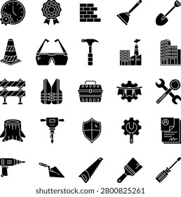 Construction solid icon sheet. Universal collection of 20 vector glyph icons and symbols for building, architecture, and engineering elements. Isolated on white background.