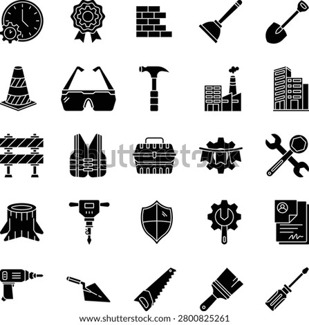 Construction solid icon sheet. Universal collection of 20 vector glyph icons and symbols for building, architecture, and engineering elements. Isolated on white background.