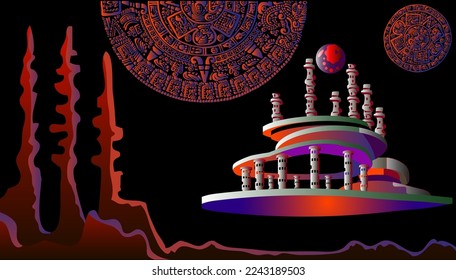 Construction of spaceships of the future and computer networks. Distant planet. Neon colors.
  Mayan calendar. Masks, signs and symbols of the ancient peoples of Latin America.

