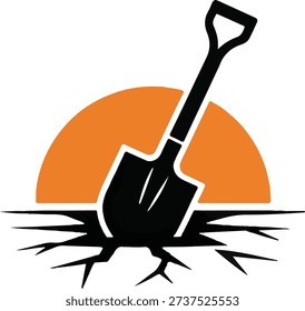 Construction spade tool embedded in soil for groundbreaking and excavation concepts