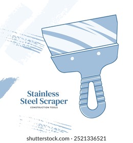 Construction spatula on the background of strokes and spots. Monochrome vector illustration. Painter's working tool for applying the mixture. Construction store, banner, background, packaging, label