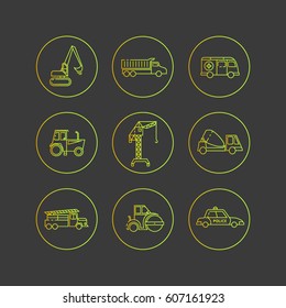 Construction, special transport. Flat outline vector icons on a dark background.