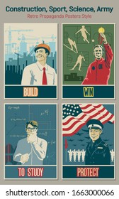 Construction, Sport, Science, Army Propaganda Posters, Retro Placards Style