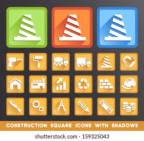 Construction Square Icons with Shadows. 