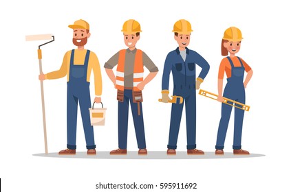 Construction staff characters design. Include foreman, painter, electrician, landscaper, carpenter. Professionals team.