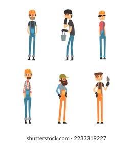 Construction staff characters set. Handyman, contractor, repairman, workman or foreman cartoon vector illustration