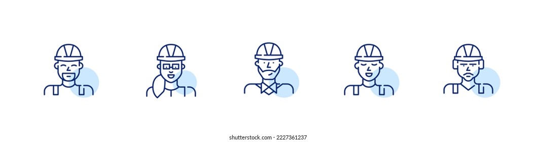 Construction staff icons. Foreman, contractor, engineer and architect in hard hats. Pixel perfect, editable stroke