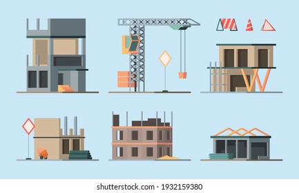 Etapas de construcción. Edificios fundaciones trabajadores construyendo muros de ladrillo pequeñas casas y grandes rascacielos garish vector plano colección de ilustraciones de color ortogonal