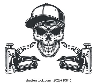 Aplausos de construcción y calavera en gorra de béisbol y bandana en ilustración vectorial aislada de estilo monocromo vintage