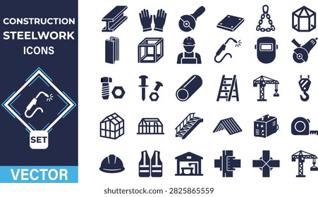 Construction steelwork icon set featuring structural beams and industrial building elements.