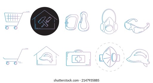 Construction store gradient icons. Set of hand-drawn vector icons with shopping carts, first-aid kits, protective equipment. For stores, websites, printing, for black and white backgrounds.