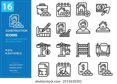 construction stroke icon set. Containing crane, building, land, excavator, maintenance, contractor, worker, architecture and more. Editable outline icons vector collection.