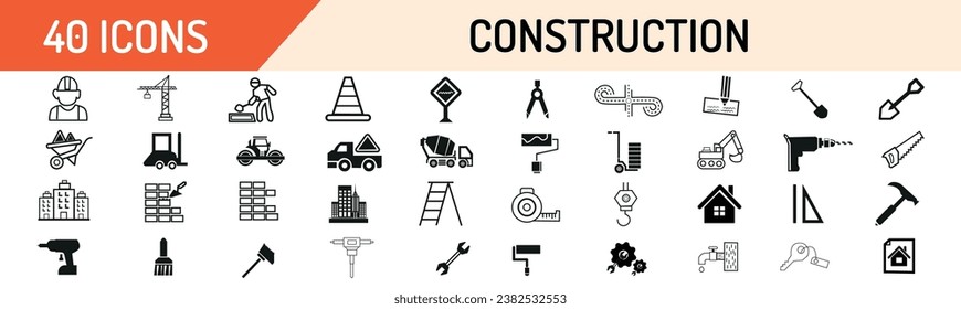 Conjunto de iconos de contorno de trazo de construcción. Se incluyeron los iconos de línea como herramientas de reclutamiento, arquitectura, ingeniería, construcción, diseño y reparación en el hogar.Simple ilustración de vector.