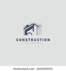 Línea de estructura de construcción, construcción de viviendas y logotipo de reparación Ilustración de diseño