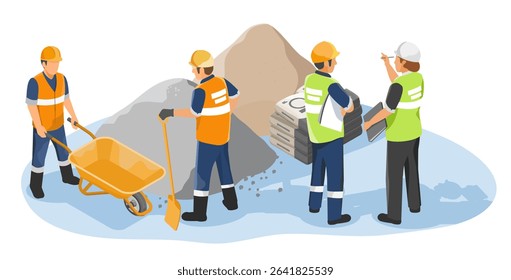 Construction supervisors inspecting material delivery while workers handle cement sand and equipment at construction site in isometric illustration - Powered by Shutterstock - Get 15% off with code: PIKWIZARD15
