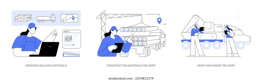 Construction supply management abstract concept vector illustration set. Ordering building materials, delivery service, heavy machinery shipment, building tools and equipment abstract metaphor.