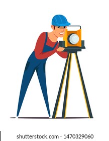 Construction surveyor flat vector illustration. Builder, cadastral engineer cartoon character. Young man in hard hat working with total station theodolite. Building industry, angle measuring equipment