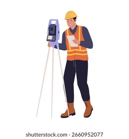 Agrimensor de construcción usando la ilustración de Theodolite. Medición y topografía de la tierra. Ilustraciones para Sitios web, páginas de destino, App móviles, carteles y Anuncios
