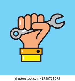 Construction symbol hand with wrench over blue backgrond vector illustration