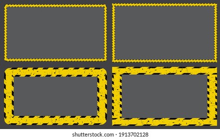 Construction tape yellow striped frame. Caution border line background set. Restricted zone sign template. Vector design.