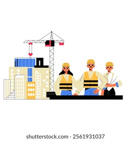 Construction Team At Building Site In Flat Vector Illustration Symbolizing Teamwork, Urban Development, And Infrastructure, Isolated On White Background