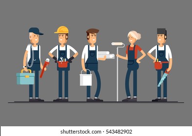 Construction team characters such as painter, electrician, carpenter, plumber, engineer. Group of construction workers building a house and friendly smiling. Civil engineer, architect