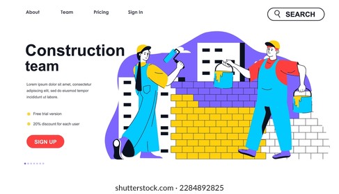 Construction team concept for landing page template. Woman painting walls and man working on building site. Real estate people scene. Vector illustration with flat character design for web banner