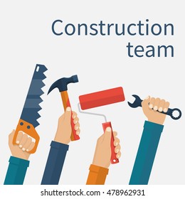 Construction team concept. Vector illustration flat design. Group of construction workers with a tool in hands isolated on white background. 