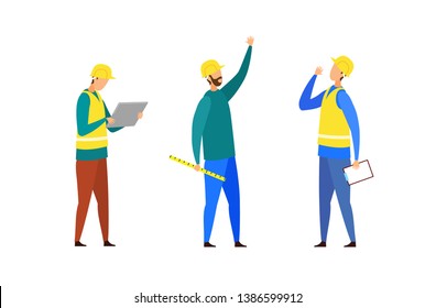 Construction Team, Crew Cartoon Characters Set. Building Industry. Foreman in Yellow Vest Looking at Tablet, Engineer in Helmet Holding Ruler. Builder with Clipboard Giving Orders. Faceless Workers