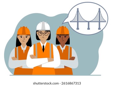 A construction team and an engineer make plans in their minds to design a bridge in an air bubble. The concept of civil engineering and construction. Vector flat illustration