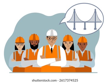 A construction team and an engineer make plans in their minds to design a bridge in an air bubble. The concept of civil engineering and construction. Vector flat illustration