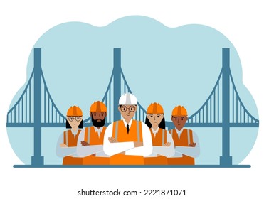 Equipo de construcción e ingeniero al lado del puente. El concepto de ingeniería civil y construcción. Ilustración plana del vector