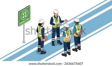 Construction team gathered at emergency assembly point for effective safety planning and efficient coordination briefing on site teamwork concept