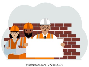 Equipe de construção segurando uma folha branca de papel para texto. Tijolo ao lado dele. Ilustração em plano vetorial