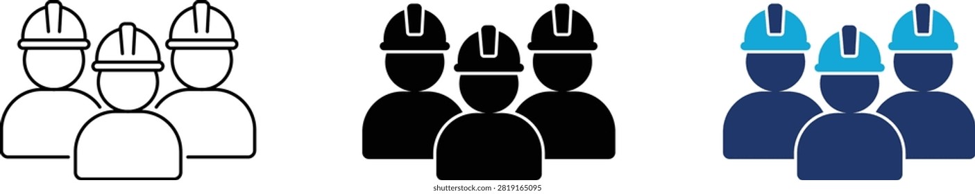 Construction team icon set representing industrial workers, safety helmet crew, contractor group, and building labor. Symbol of architecture, engineering, hard hat, work force, and development.