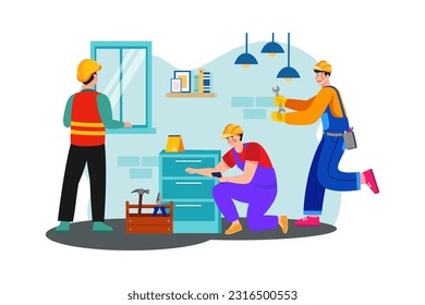 A construction team installs electrical wiring and fixtures in a newly constructed house.