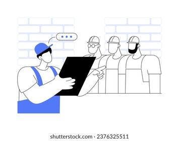 Equipo de construcción que reúne la ilustración abstracta del vector de concepto. Los trabajadores se comunican con el supervisor, explicando los deberes de los días, la seguridad ocupacional, la metáfora abstracta de la gestión de la construcción.