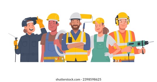 Construction team. Men and women of working professions. Painter, welder, electrician, mason, led by a foreman on a white background. Vector illustration in flat style