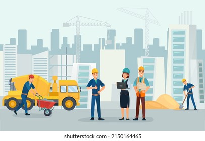 Construction team on site, builder, architect and contractor. Vector professional work team illustration, foreman and building