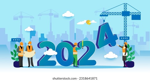 Equipo de construcción fija números para el concepto de Año Nuevo 2024. Ilustración de personas con vectores de caricatura