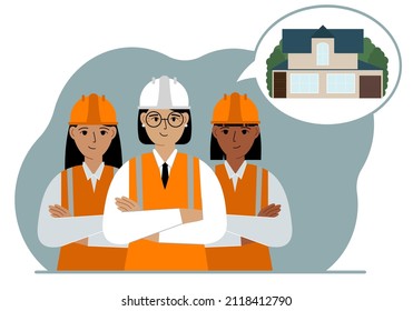 A construction team is thinking about building a house. Smiling women in hard hats and vests are planning a work process. Vector flat illustration