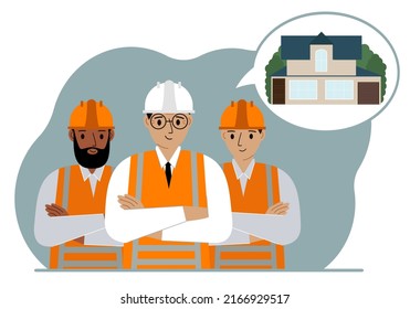 A construction team is thinking about building a house. Smiling men in hard hats and vests are planning a work process. Vector flat illustration