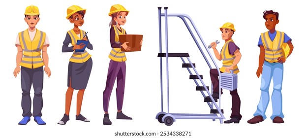 Construction team wearing yellow safety vests and helmets. Cartoon vector set of diverse men and women during various tasks - holding clipboard, carrying box, working with tools, holding hard hat.