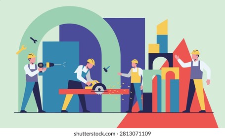Construction team workers in hard hats using power tools and colorful building blocks on an abstract background.