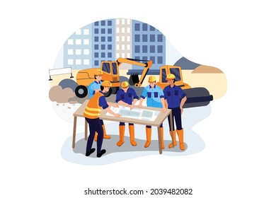 The construction team working on a new project Illustration concept. Flat illustration isolated on white background.