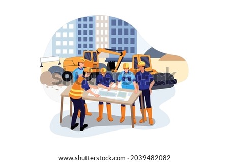 The construction team working on a new project Illustration concept. Flat illustration isolated on white background.